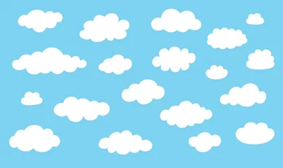 Fotobehang Wolken Collectie wolk pictogrammen. Witte wolken geïsoleerd op blauwe kleur achtergrond.