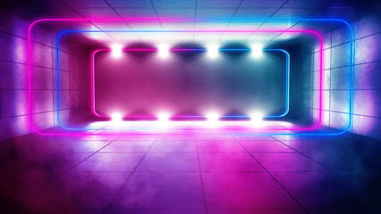The background is an empty tunnel, the room is lit by neon light. Concrete covering, tile. Multicolored smoke. Laser square figure in the center of the room