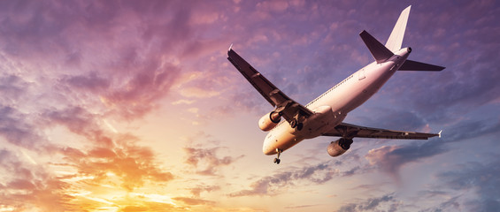 modern airplane against a sunset - obrazy, fototapety, plakaty
