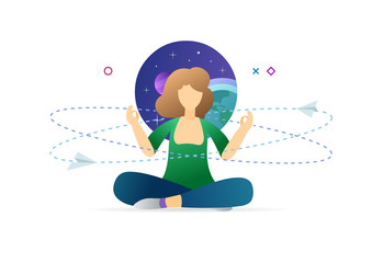 Yoga time. Girl sitting in the space in a lotus position. The concept of meditation and self-improvement.  Modern style vector illustration for landing page, website, banners and presentation.