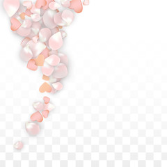 Vector Realistic Petals and Hearts Confetti. Flying Sakura and Hearts on Transparent Background. Wedding Invitation Background. Spring Romance Poster. Vector Illustration for Anniversary Design.