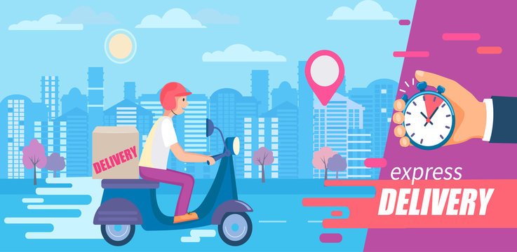 Fast and free delivery in short time on scooters.Food and other shipping service for apps, websites.Quick and express bike deliver. Advertise for restaurants, caffees, shops, pizzerias.Vector