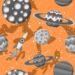  Cartoon vlakke ruimte met grijze planeten vector naadloze patroon op zanderige achtergrond © Andrew