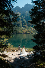 Fototapeta na wymiar Scenic view of wedding couple on the lake shore near the forest and mountains. Sunny summer day