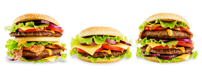Meat Burger with salad, cheese, tomato and cheese sauce isolated