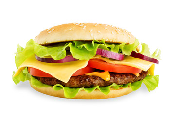 Meat Burger with salad, cheese, tomato and cheese sauce isolated