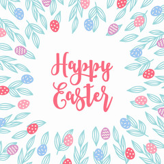 Easter greeting card with leaves and colorful eggs