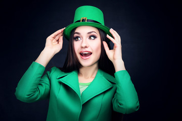 St. Patrick's Day. Beautiful woman wearing green hat
