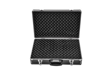 Opened black padded aluminum briefcase case with metal corners isolated on white