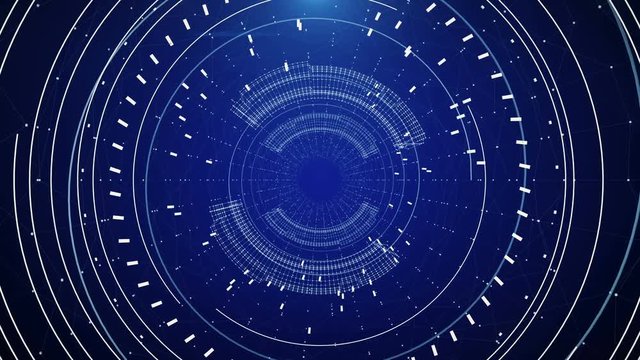 Sci fi futuristic HUD Tunnel.Technological HUD zoom in animation in cyberspace.Technology News intro and opener.Blue.