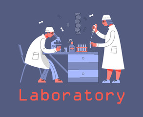 A man and a woman in uniform are working in a laboratory. Chemical and Biological Laboratory. Concept for web site or scientific article. Illustration in modern flat linear style.