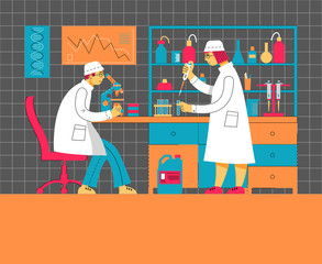 A man and a woman in uniform are working in a laboratory. Chemical and Biological Laboratory. Concept for web site or scientific article. Illustration in modern flat linear style.