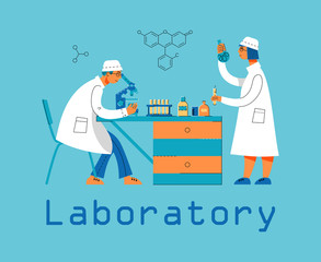 A man and a woman in uniform are working in a laboratory. Chemical and Biological Laboratory. Concept for web site or scientific article. Illustration in modern flat linear style.