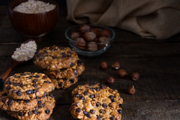 Oats cookies with chocolate chips and hazelnuts