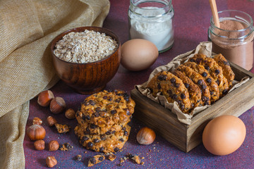 Oats cookies with chocolate chips and hazelnuts