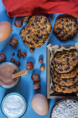 Oats cookies with chocolate chips and hazelnuts