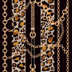 Vector seamless pattern of baroque trend with golden chain and leather belts and leopard print on black background, Vintage patch for scarfs, print and fabric
