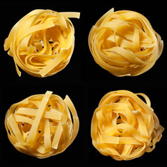 Mosaic of raw uncooked tagliatelle nests on black background. Top view. Traditional Italian pasta