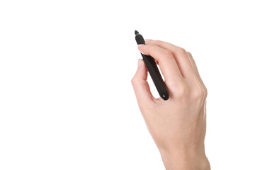 Female hand holding marker on white background