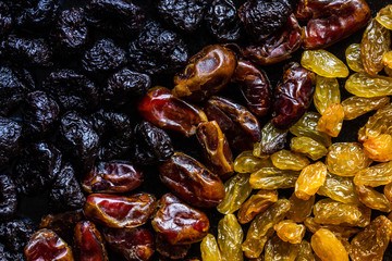 Dried raisins dactyls and plums healthy food