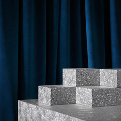 Cosmetic background for product  presentation. grey terrazzo podium on deep blue curtain scene.  Mid century minimal product stage. Fashion magazine illustration. 3d render illustration.