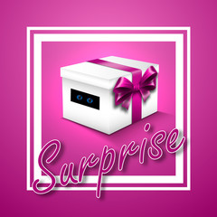 Gift box with a lid, wrapped with a ribbon with a bow. In the slot two pet eyes are visible. Bottom text "Surprise". Vector illustration.