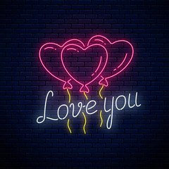 Glowing neon sign of valentines day with heart shape balloons and love you text. Vector illustration of valentine day