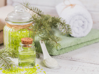 Natural cosmetic oil, sea salt and organic facial mask with coniferous extract