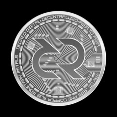 Crypto currency silver coin with silver decred symbol on obverse isolated on black background. Vector illustration. Use for logos, print products, page and web decor or other design.