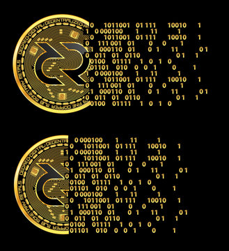 Set of crypto currency flying golden coins with black lackered decred symbol on obverse isolated on black background. Vector illustration. Use for logos, print products, web decor or other design