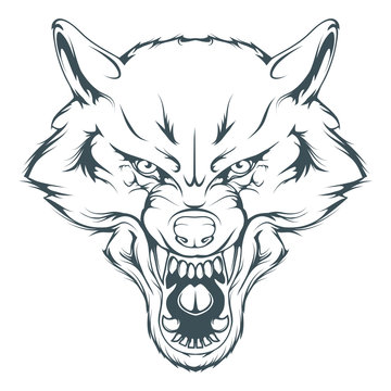 wolf head vector drawing, wolf face drawing sketch, wolf head in black and white, vector graphics to design