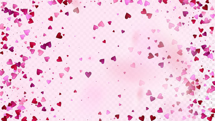 Flying Hearts Vector Confetti. Valentines Day Romantic Pattern. Beautiful Pink Glitter Valentines Day Decoration with Falling Down Hearts Confetti. Modern Gift, Birthday Card, Poster Background