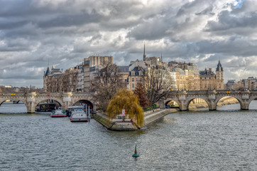 Ile de la Cite and Pont Neuf on a cloudy day in winter - Paris, France