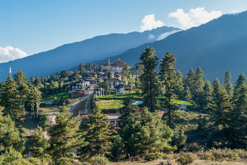 Gangten village and Gangtey Goemba Buddhist monastery - Phobjikha Valley, Central Bhutan. It is an important monastery of Nyingmapa school of Buddhism.