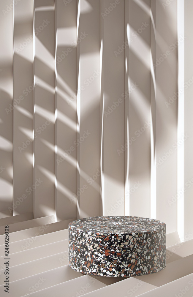 Poster cosmetic background for product presentation. black terrazzo podium on off white terrazzo geometry f
