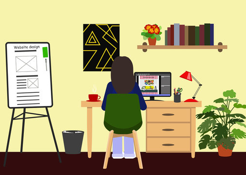 Young web designer girl working at computer in studio. Young girl does her homework. Workplace of freelancer or employee illustration.