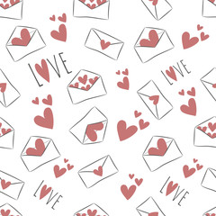 Seamless pattern with hand drawn red hearts and white envelopes on transparent background. Saved in swatch panel. Vector. Eps10