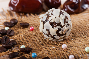 Candy of sweet dates and almonds, sweets from the east. Fitness food.