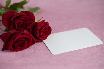 three red roses and an empty white card for the inscriptions, the text lies on a pink background.
