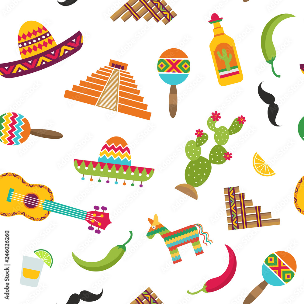 Sticker Vector flat Mexico attributes pattern or background illustration. Illustration of maracas and drink tasty, hot pepper chili and pyramid