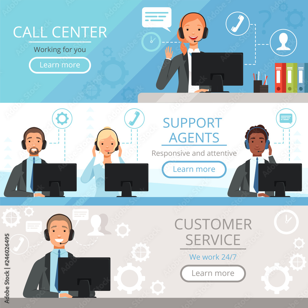 Poster call center banners. support agents characters customer service phone helping operators vector carto