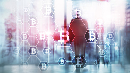 Bitcoin, Blockchain concept on server room background.