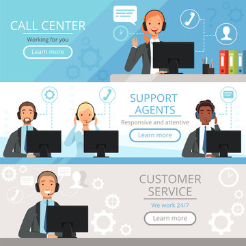 Call center banners. Support agents characters customer service phone helping operators vector cartoon illustrations. Support assistance, help service