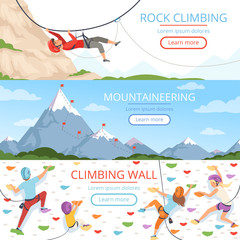 Mountain climbing pictures. Rope carabiner helmet rockie hills people extreme sport vector banners template with place for text. Illustration of mountain climbing sport, mountaineer extreme adventure