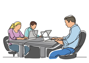 continuous line drawing of three coworkers working on laptops