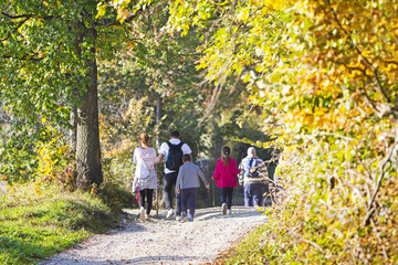 Group of people walking by hiking trail in the autumn forest
