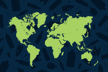 Illustration with green earth map with plastic bottles on blue background around for design. Stop world plastic pollution and save the earth, our planet. The world captures plastic trash. 