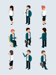 Fototapeta na wymiar Isometric business people. Young male female office managers director workers in action poses team dialog vector 3d business characters. Illustration of businessman isometric and young boss female
