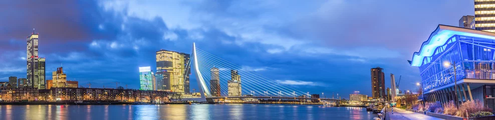 Fototapeten Hochauflösendes Panorama von Rotterdam mit Erasmusbrücke, Wolkenkratzern, Maas © Puravidaniel