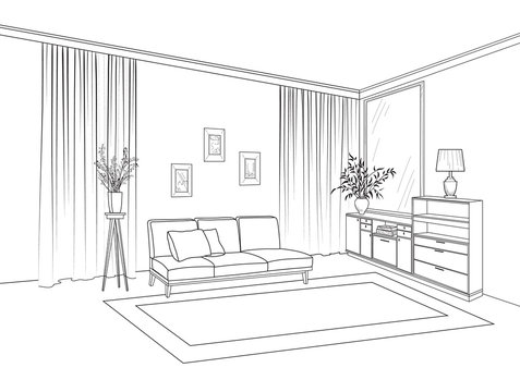 Home living room interior. Outline sketch of furniture with sofa